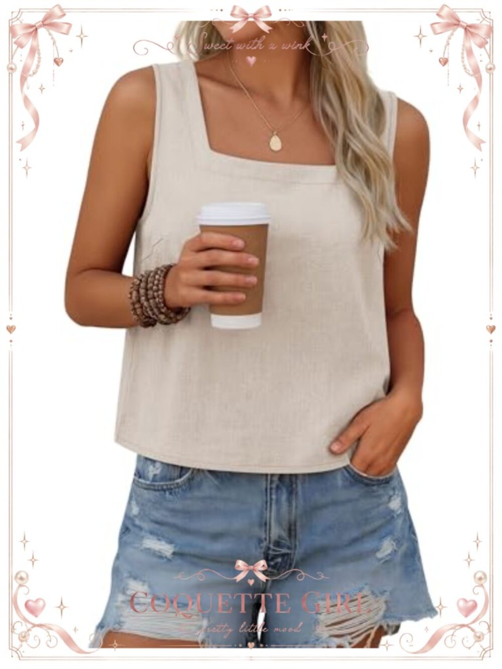 Linen Viscose Cropped Tank Top Square Neck Sleeveless Summer Shirt